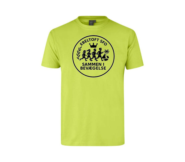 Neon-gul T-shirt med rundt logo til Ebeltoft Skoles skoleløb