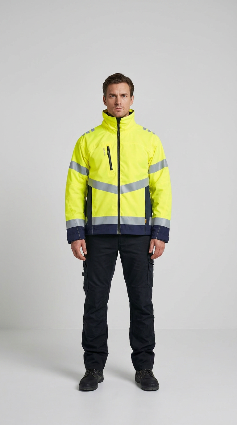 Mand i neongul arbejdsjakke med reflekser og mørke arbejdsbukser på en hvid baggrund.
