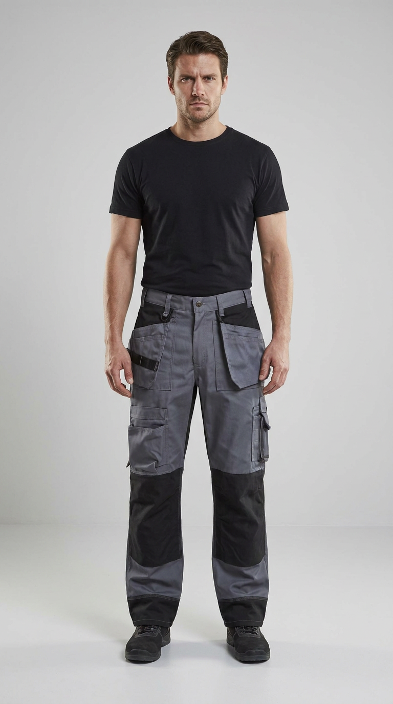 Mand i sort t-shirt og grå arbejdsbukser med sorte detaljer og mange lommer foran en grå baggrund.