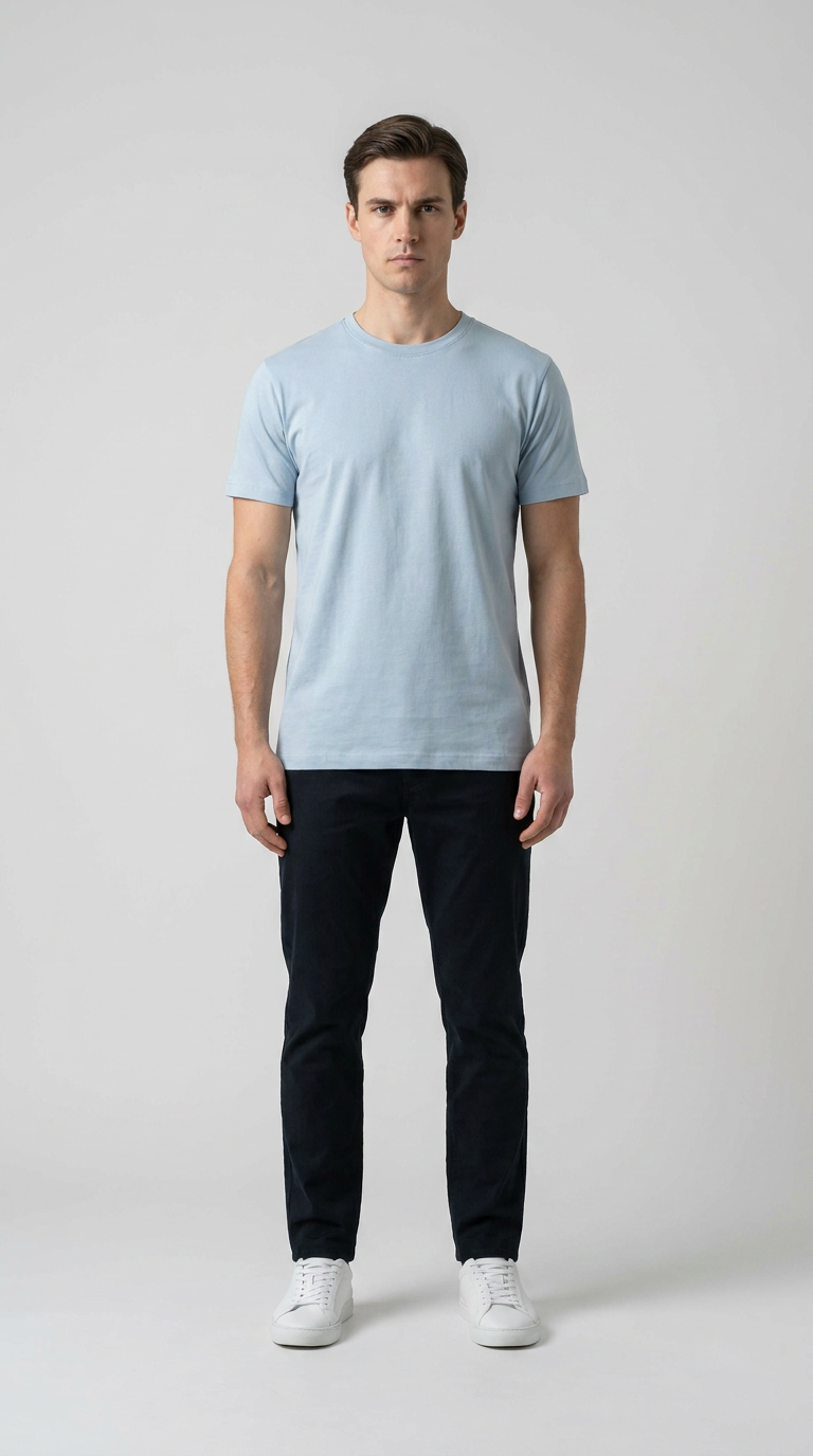 En mand i lyseblå t-shirt, mørke bukser og hvide sneakers foran en grå baggrund.
