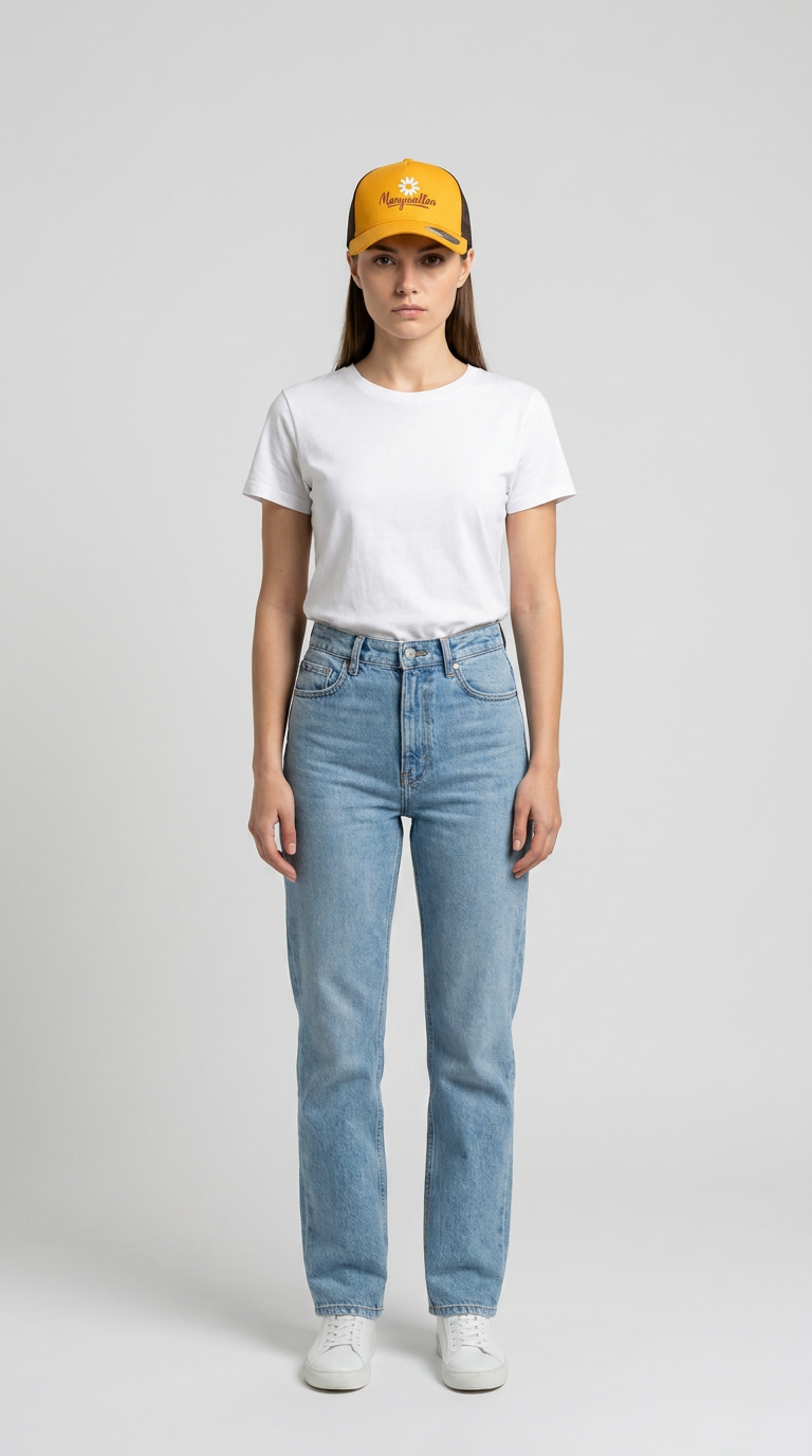 Kvinde iført hvid t-shirt, blå jeans og gul kasket mod en enkel grå baggrund.