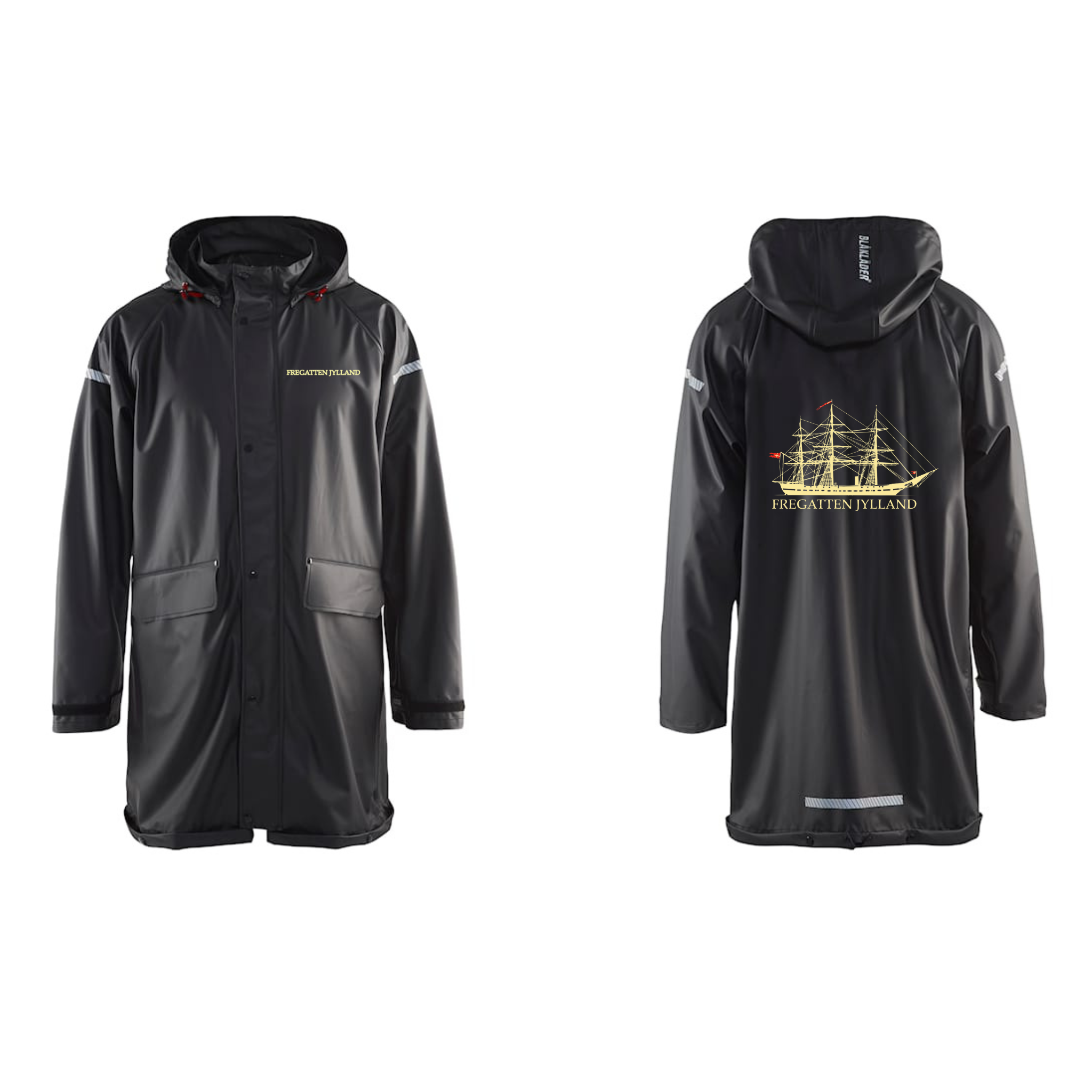 Fregatten Jyllands Blåkläder 4301 Regnjakke Level 1, Sort m/bryst og ryglogo med tryk eller logo – arbejdstøj og firmatøj
