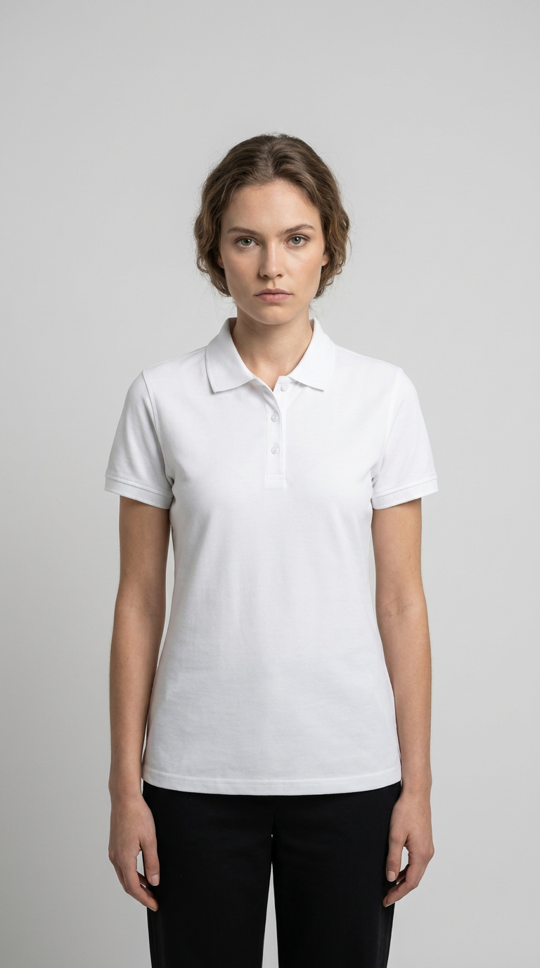 Kvinde i hvid kortærmet polo shirt og sorte bukser mod en grå baggrund.