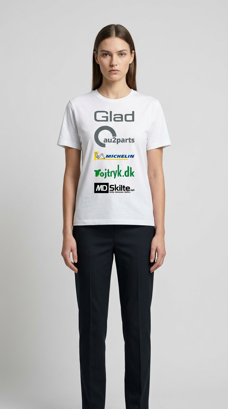 Kvinde i hvid t-shirt med forskellige firmalogoer og sorte bukser mod en grå baggrund.