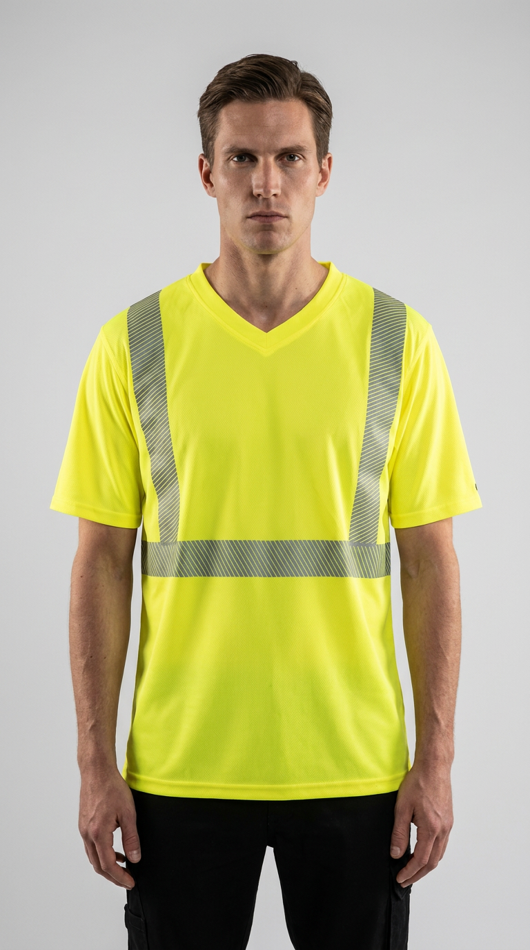 Mand i en neongul v-hals t-shirt med refleksstriber mod en grå baggrund.