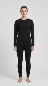 Kvinde iført sort langærmet termoundertøj og leggings mod en lys baggrund.