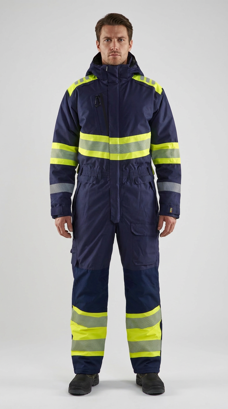 Mand i marineblå kedeldragt med neongule refleksstriber på bryst, arme og ben.