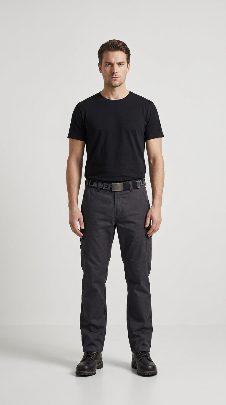 Mand i sort t-shirt og mørkegrå arbejdsbukser stående mod en hvid baggrund.