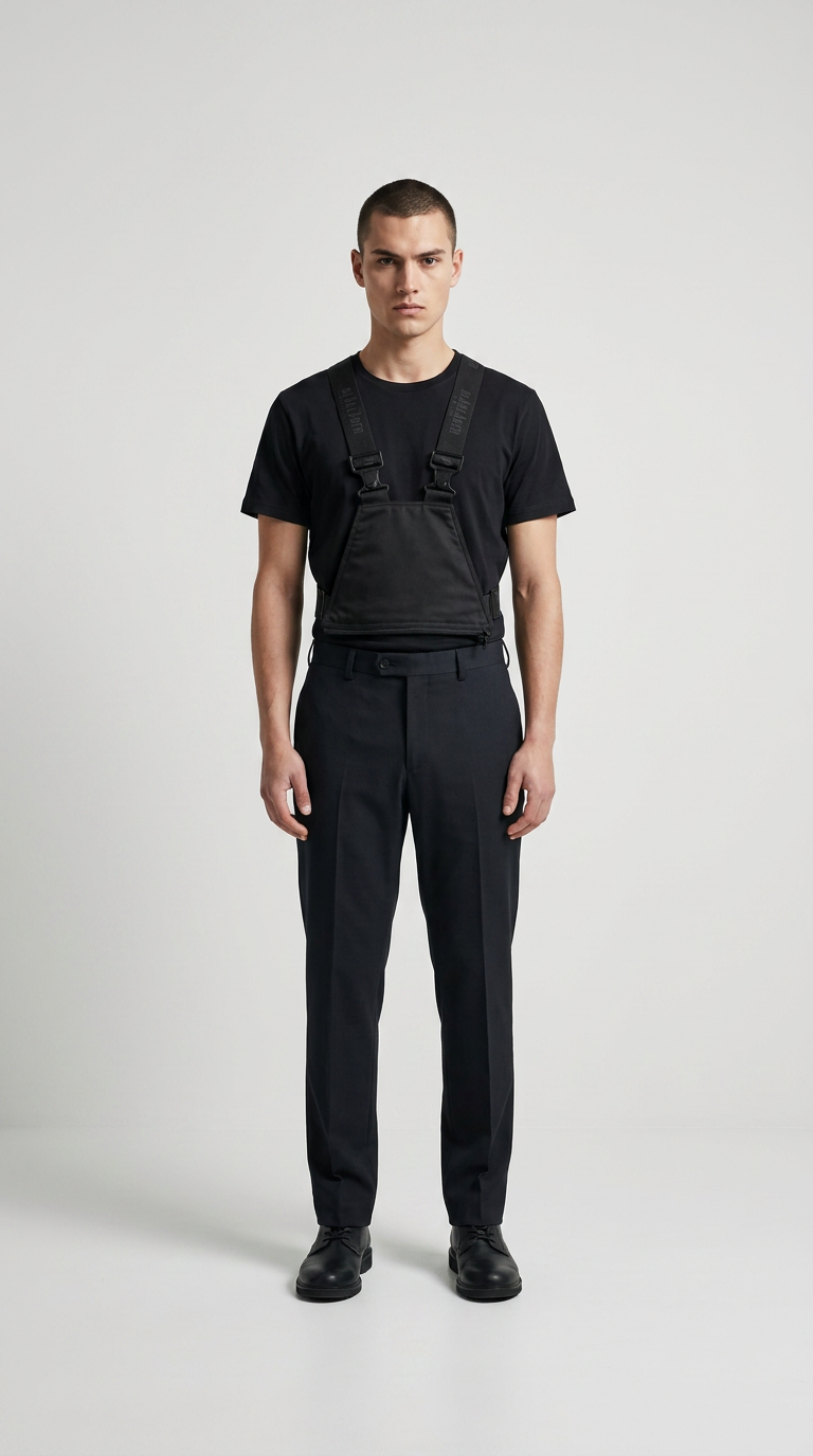 Mand i sort t-shirt, bukser og brystsele stående mod en hvid baggrund.