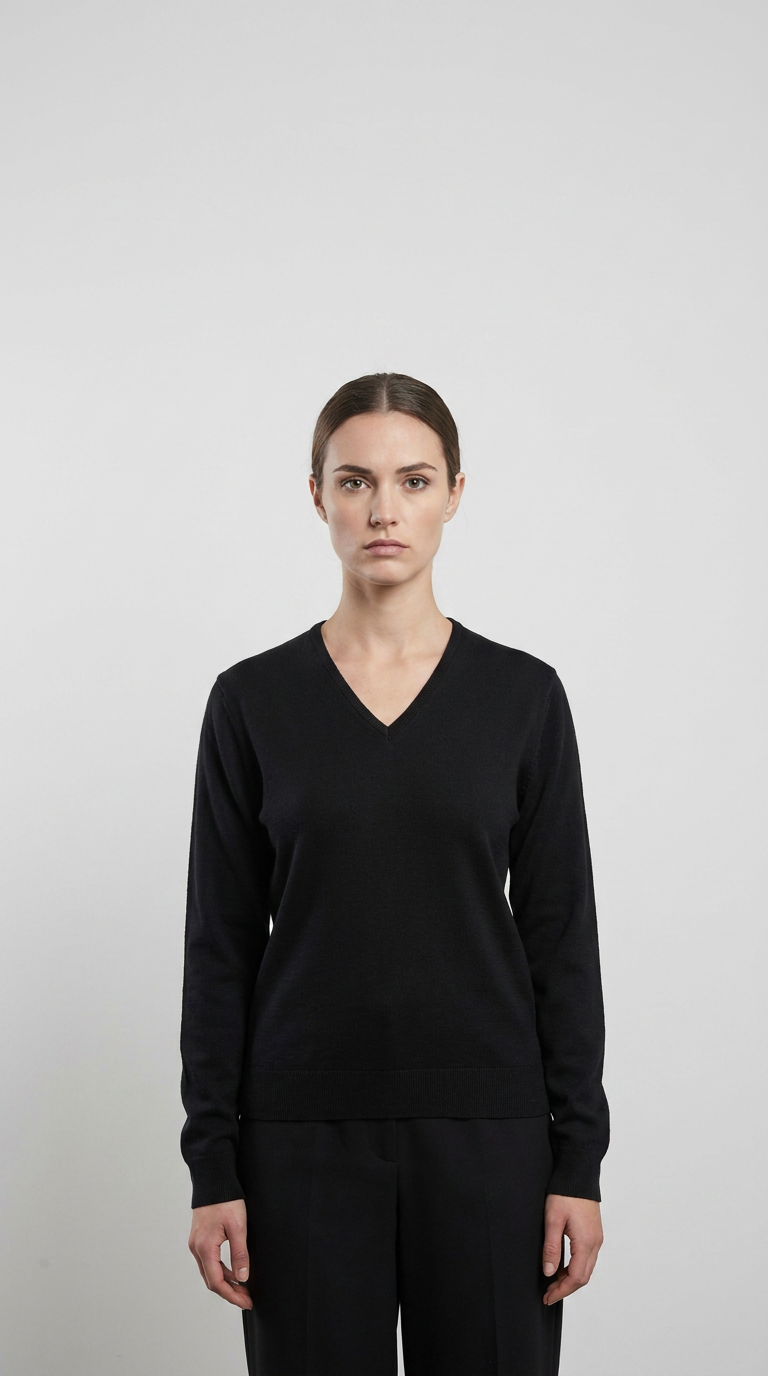 Kvinde iført en sort v-hals sweater og sorte bukser mod en lys grå baggrund.