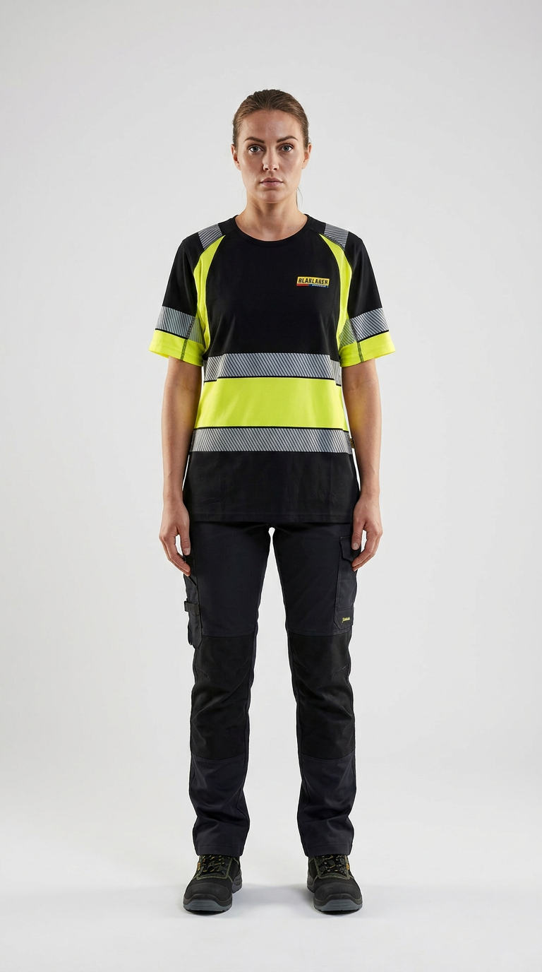 Kvinde i sort og gul high-vis t-shirt med reflekser og mørke arbejdsbukser mod en lys baggrund.