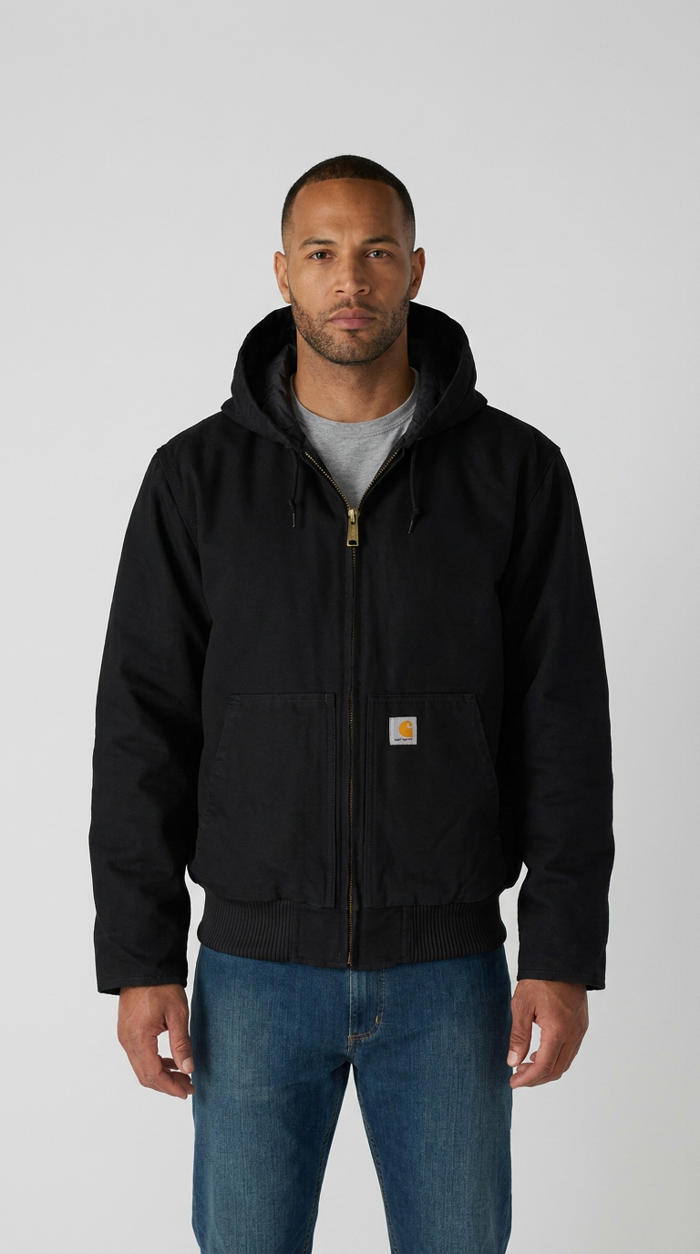 Mand iført en sort Carhartt-jakke med hætte og blå jeans mod en hvid baggrund.
