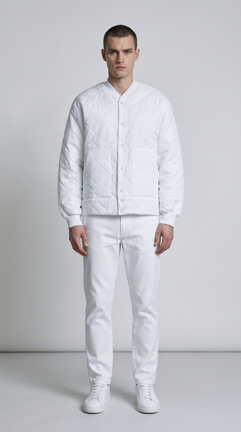 En mand iført en hvid quiltet jakke, hvide bukser og hvide sneakers mod en ensfarvet baggrund.
