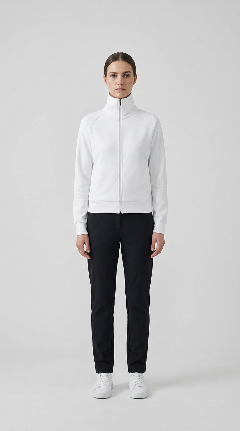 Kvinde i hvid sweatshirt med lynlås, sorte bukser og hvide sneakers mod en lys baggrund.