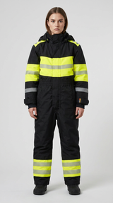Kvinde iført sort og neon gul arbejdsdragt med refleksstriber mod en neutral grå baggrund.