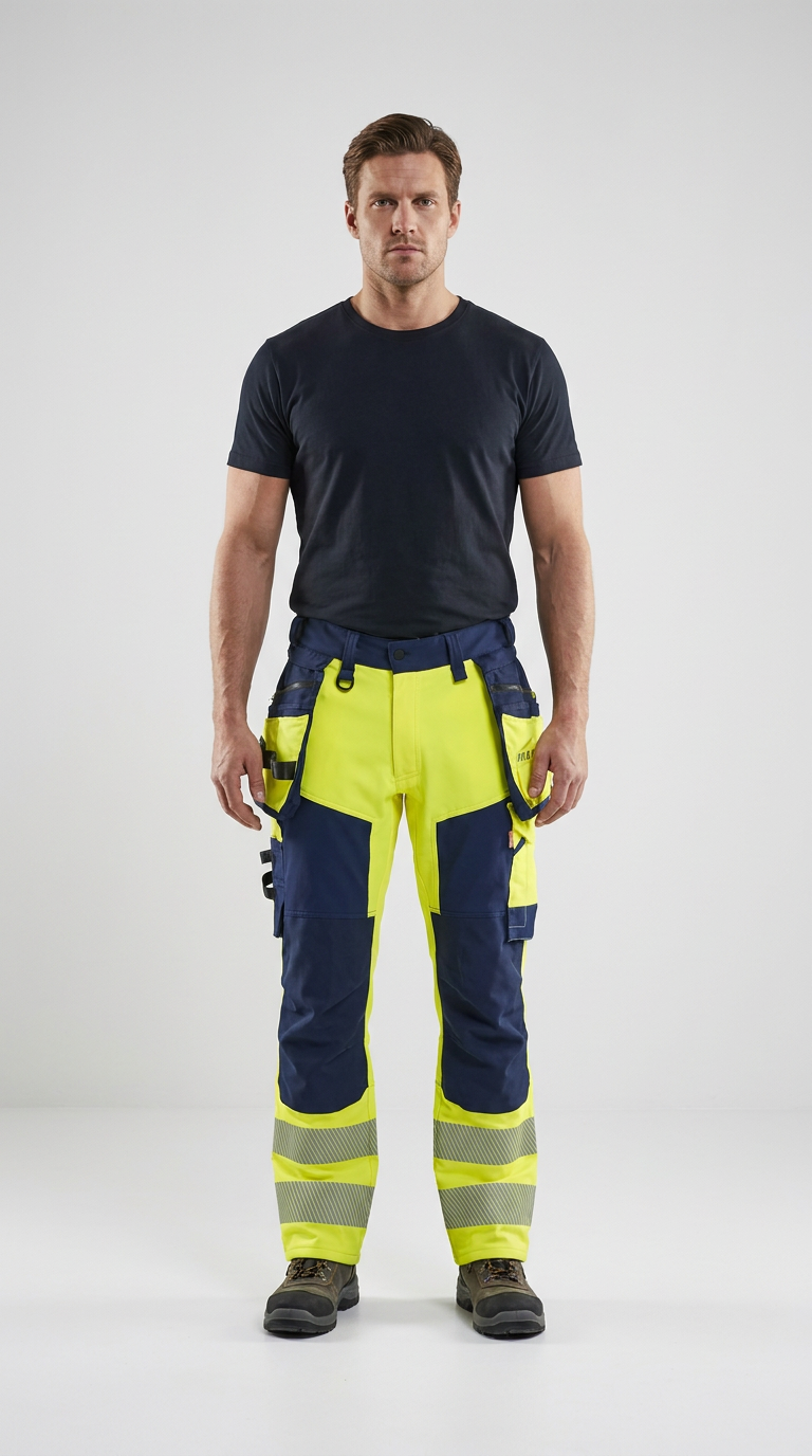 Mand i sort t-shirt og gule og mørkeblå high-visibility arbejdsbukser med refleksstriber.
