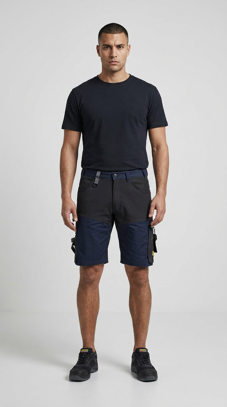 Mand i sort t-shirt, marineblå arbejdsshorts og sorte arbejdssko på en hvid baggrund.