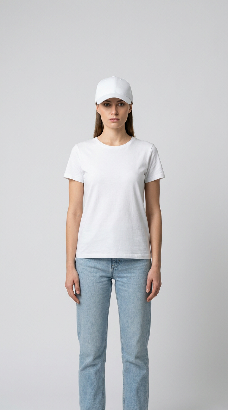 En kvinde iført en hvid t-shirt, lyseblå jeans og en hvid kasket mod en ensfarvet baggrund.