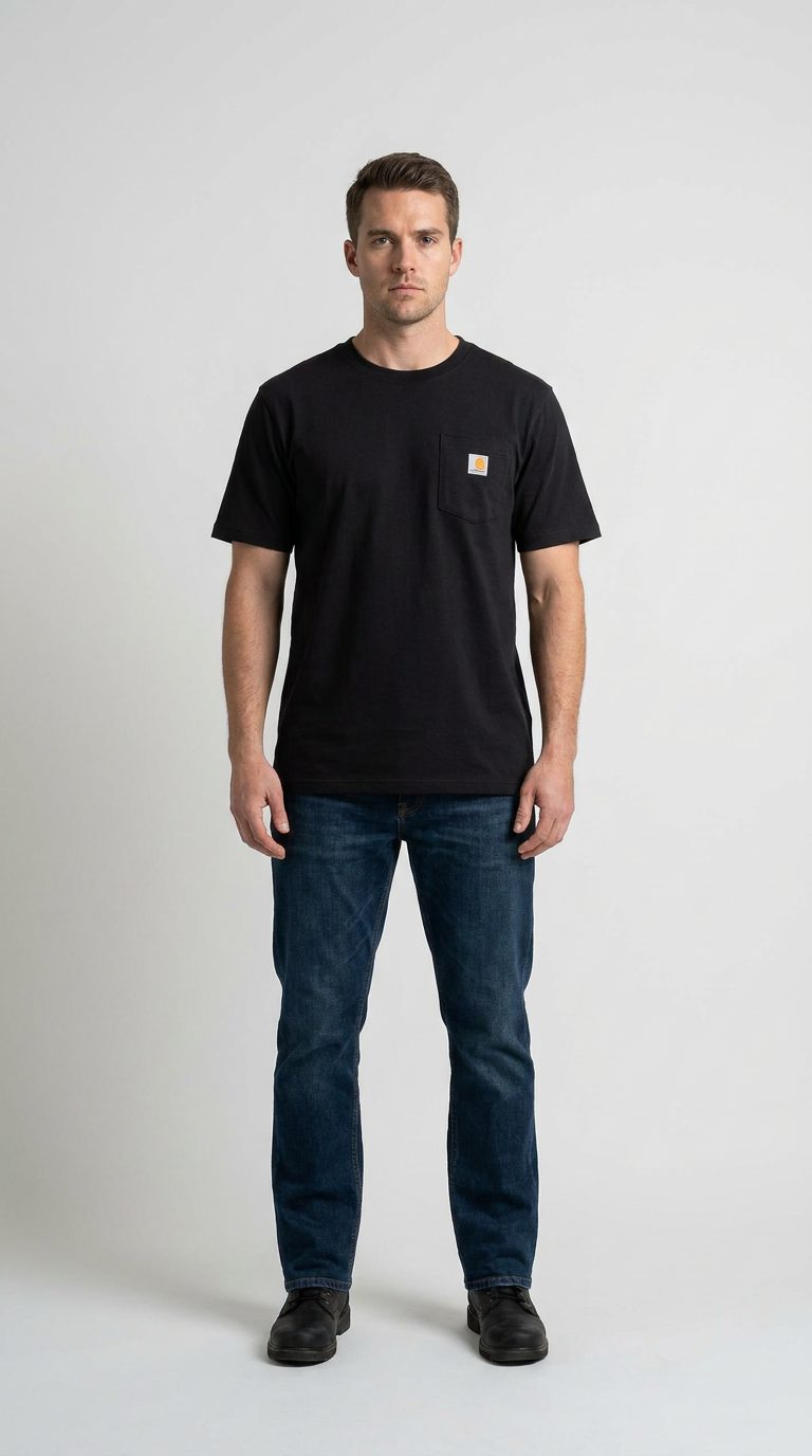 Mand iført en sort t-shirt med lomme og blå jeans mod en hvid baggrund.