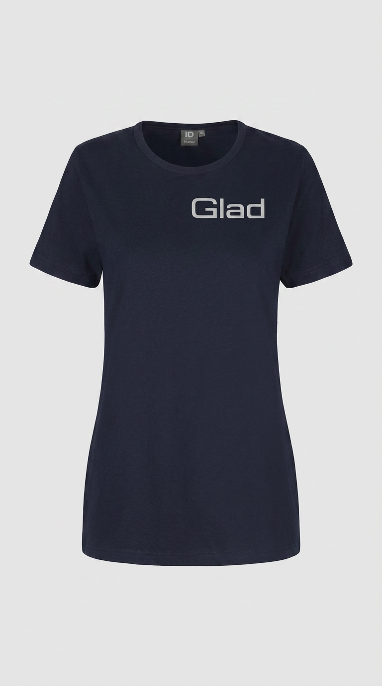 Mørkeblå kortærmet t-shirt med sølvfarvet 'Glad' tekst på brystet.