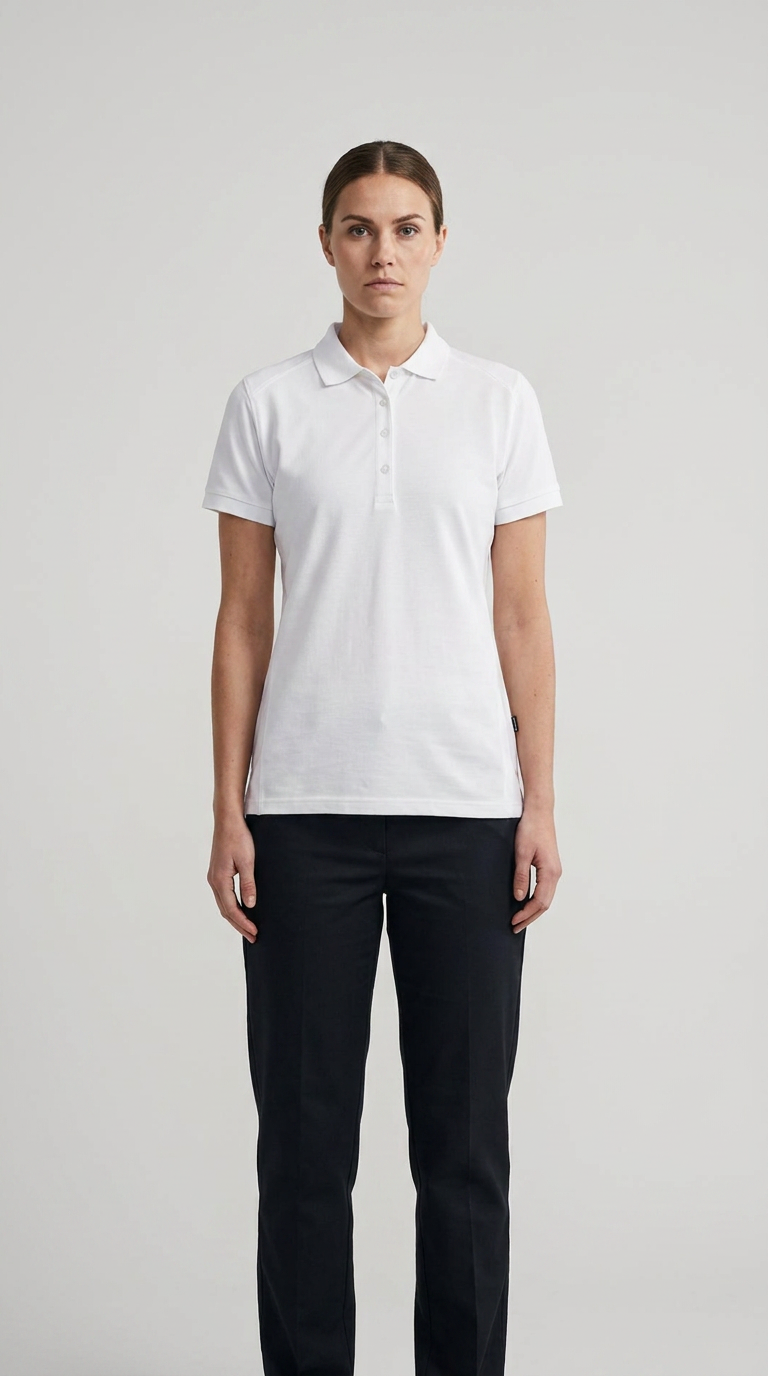 Kvinde iført hvid kortærmet polo shirt og mørke bukser mod en lys grå baggrund.