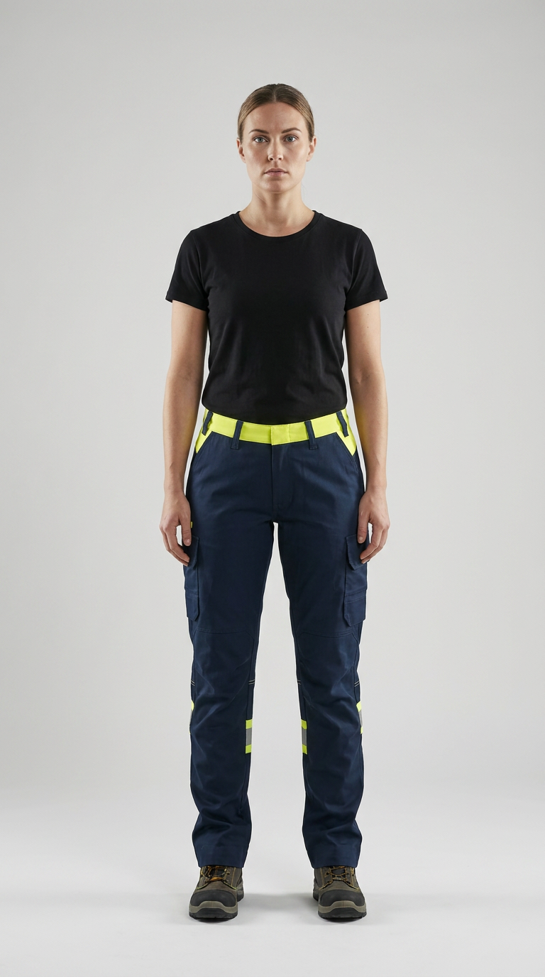 Kvinde i sort t-shirt og mørkeblå arbejdsbukser med gule high-vis detaljer på en grå baggrund.