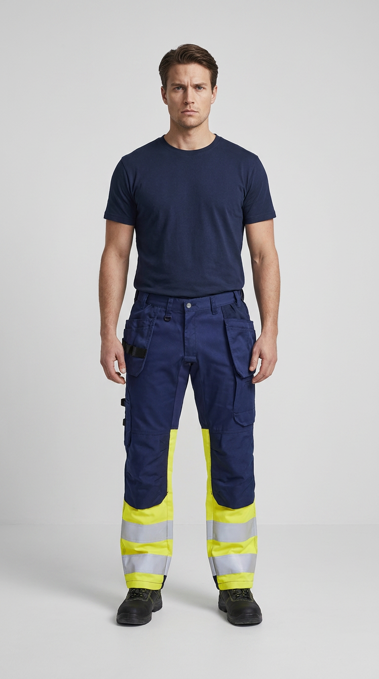 Mand i mørkeblå t-shirt og arbejdsbukser med neongule detaljer og refleksbånd på en grå baggrund.