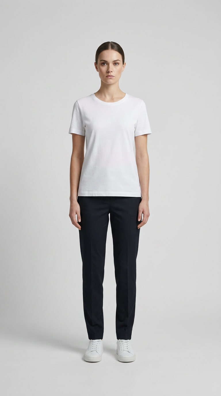 Kvinde i hvid t-shirt, mørke bukser og hvide sneakers på en grå baggrund.