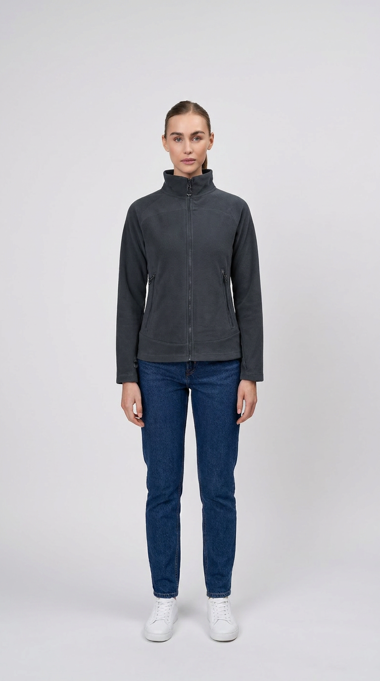 Kvinde iført en mørkegrå fleecejakke, blå jeans og hvide sneakers mod en lys baggrund.