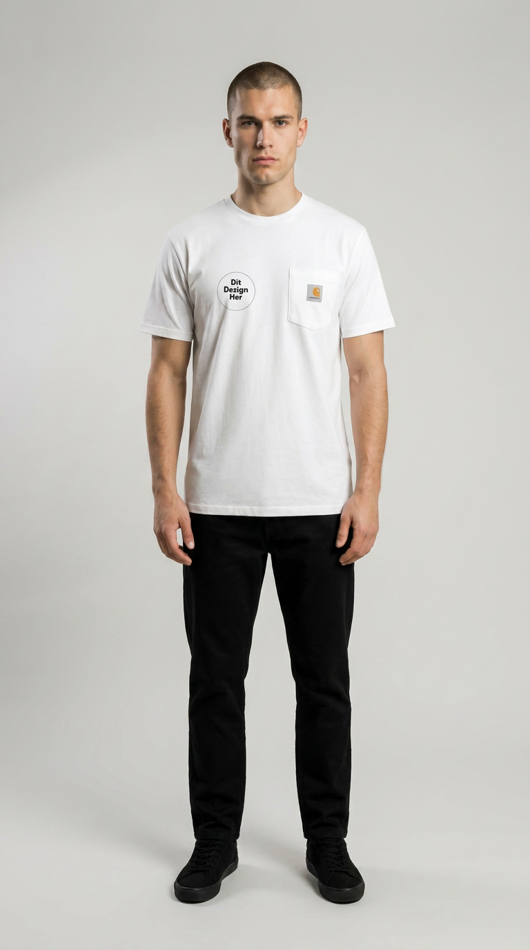 Mand iført hvid t-shirt med brystlomme og sorte bukser mod en lys grå baggrund.