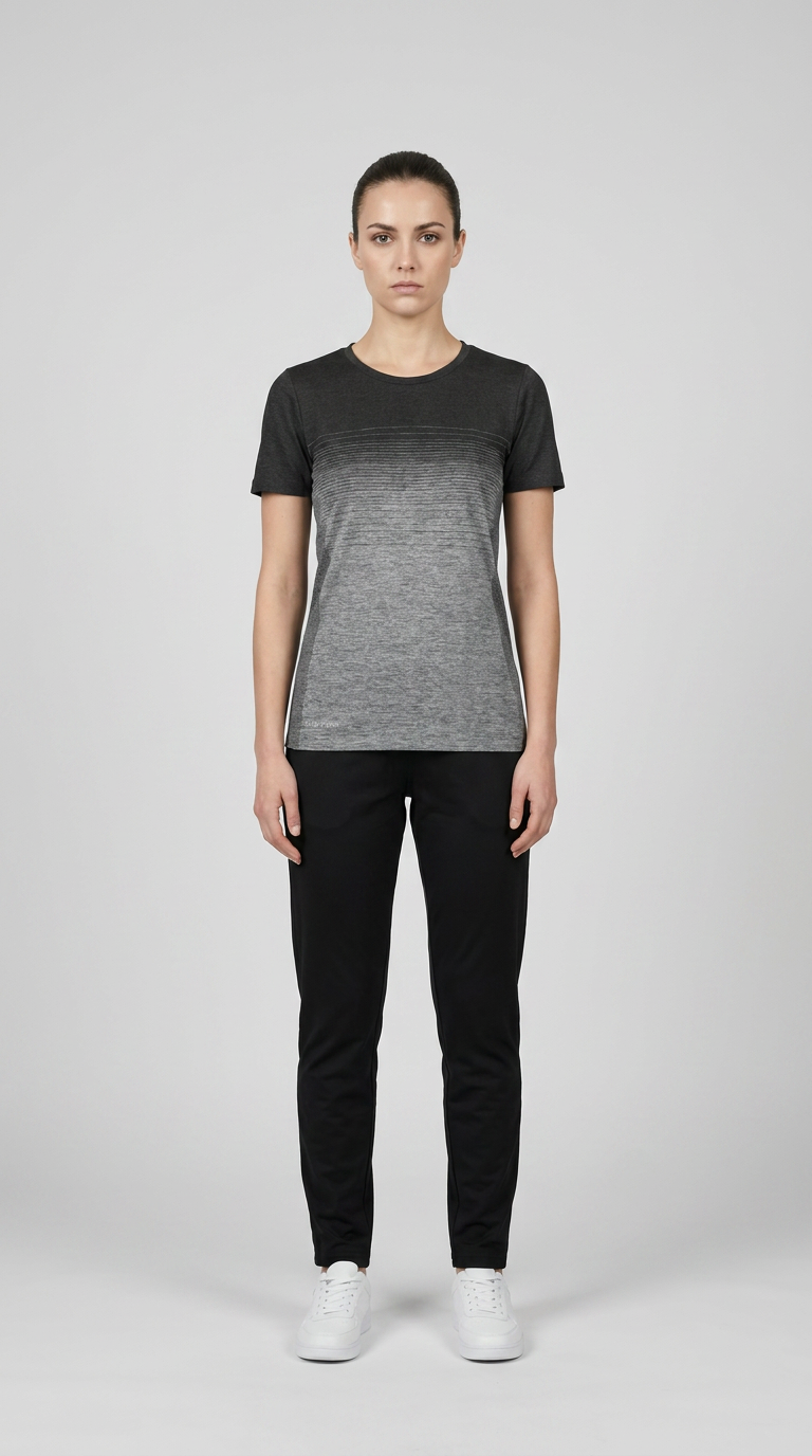 Kvinde i grå t-shirt med farveovergang, sorte bukser og hvide sneakers mod en lys baggrund.