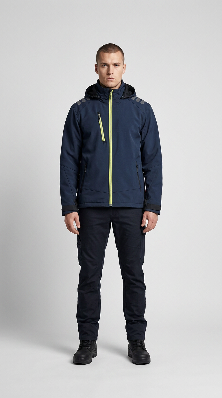 Mand i mørkeblå softshell-jakke med neongule lynlåse og mørke arbejdsbukser mod en grå baggrund.