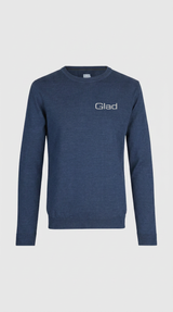 Mørkeblå langærmet trøje med rund hals og hvid 'Glad' tekst på brystet.