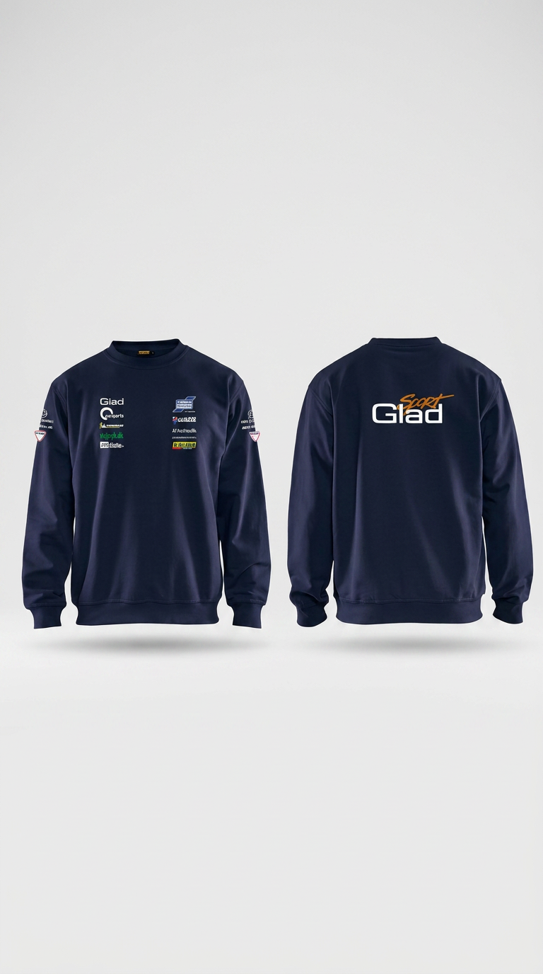 Mørkeblå sweatshirt set forfra og bagfra med Glad Sport-logo og sponsorlogoer på hvid baggrund.