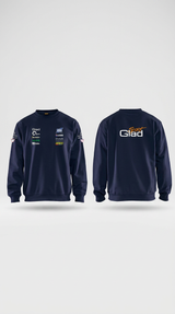 Mørkeblå sweatshirt set forfra og bagfra med Glad Sport-logo og sponsorlogoer på hvid baggrund.