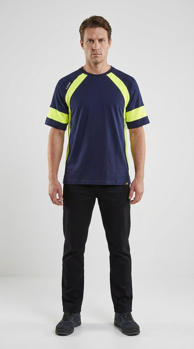 Mand i mørkeblå t-shirt med neon-gule detaljer og sorte bukser på hvid baggrund.