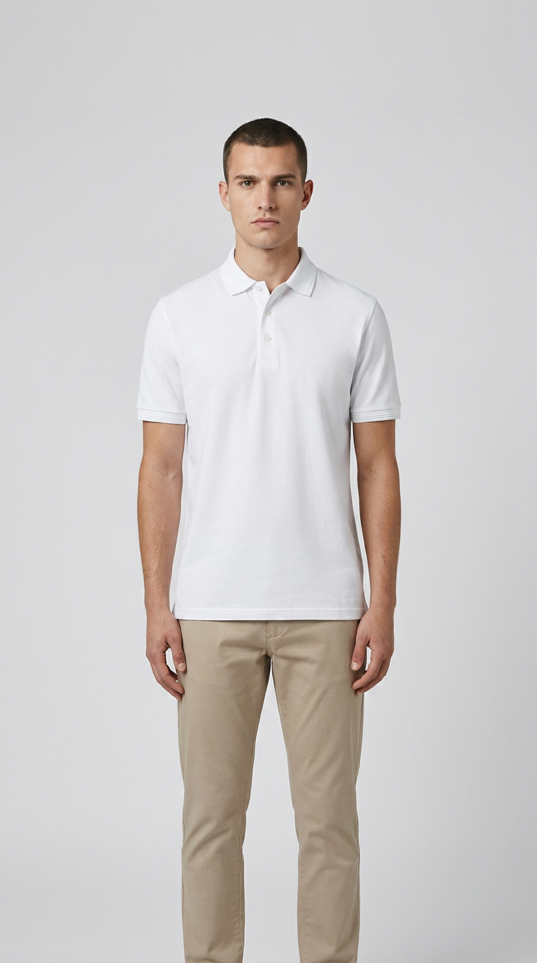 Mand i hvid kortærmet polo shirt og beige bukser mod en neutral baggrund.