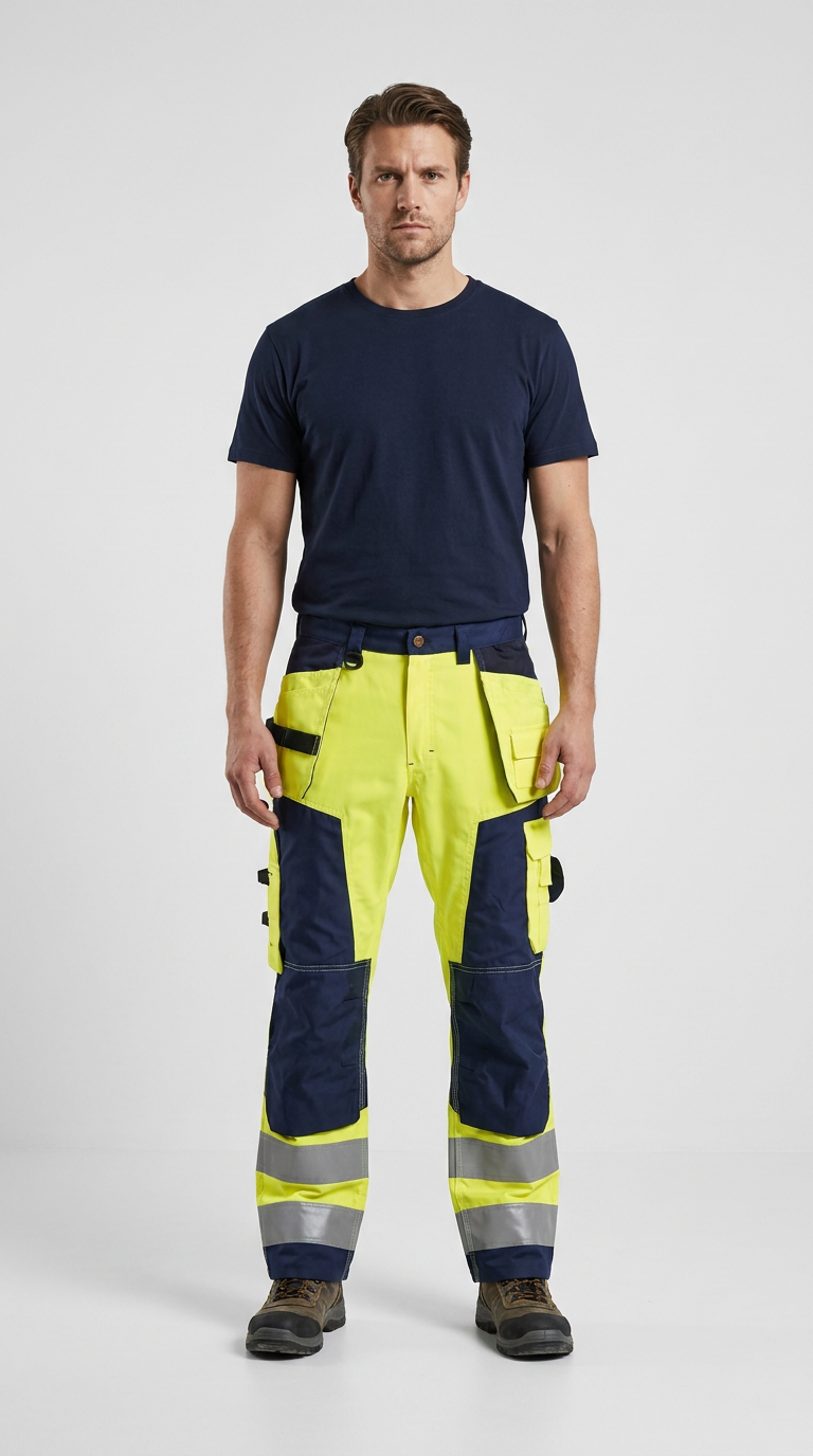 Mand i mørkeblå t-shirt og neon-gule arbejdsbukser med reflekser mod en lys baggrund.