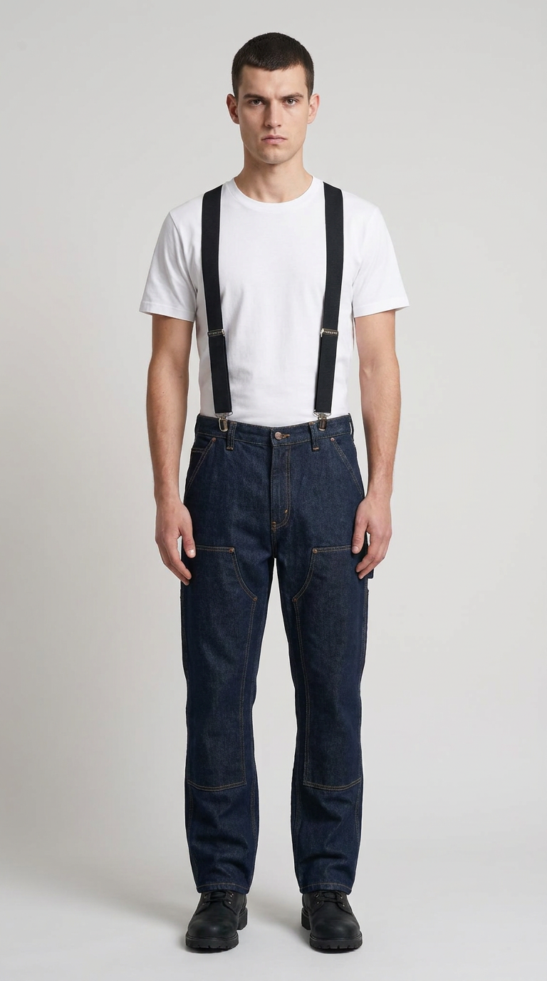 Mand i hvid t-shirt, mørke denim arbejdsbukser med sorte seler og sorte støvler på en grå baggrund.