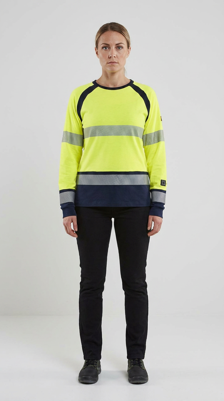 Kvinde i gul og mørkeblå high-vis sweatshirt med refleksstriber og sorte arbejdsbukser.