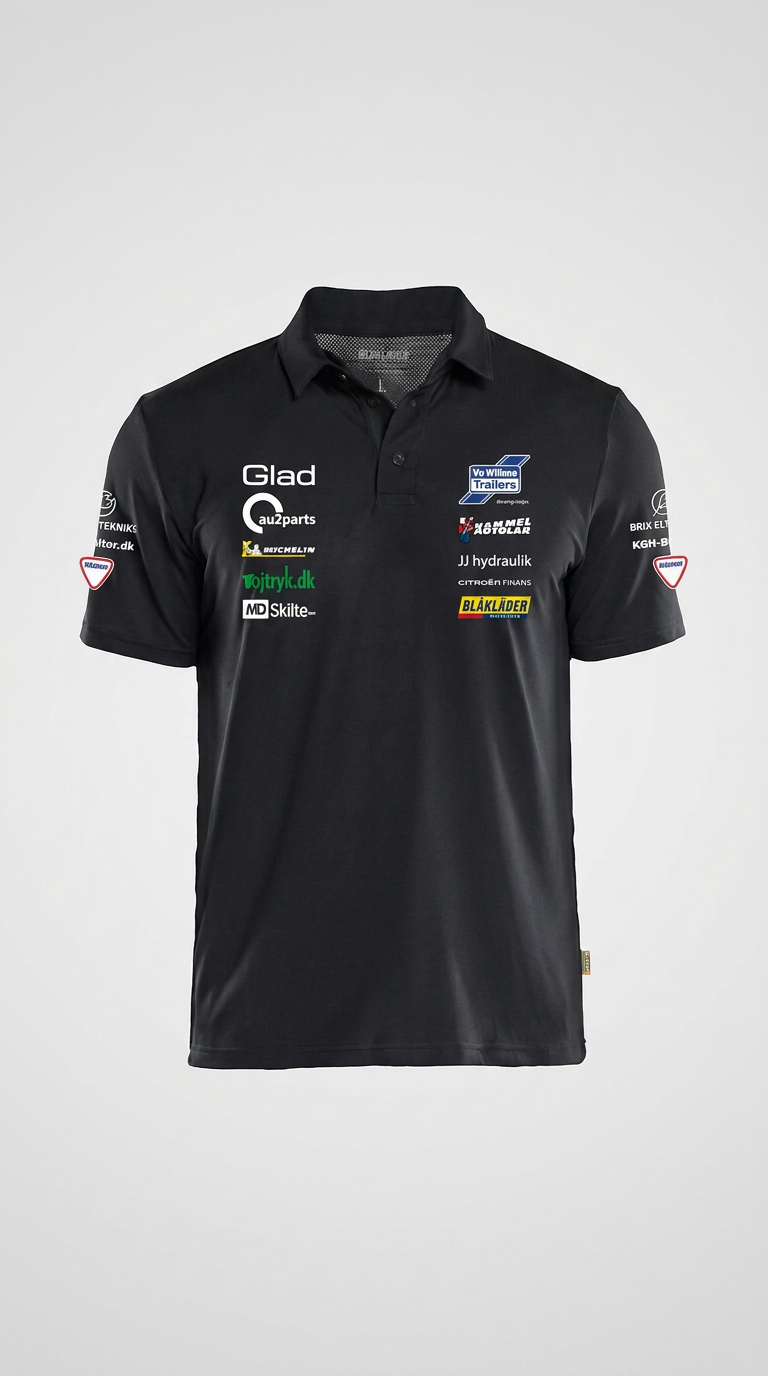 Sort polo shirt med forskellige sponsorlogoer på brystet og ærmerne.