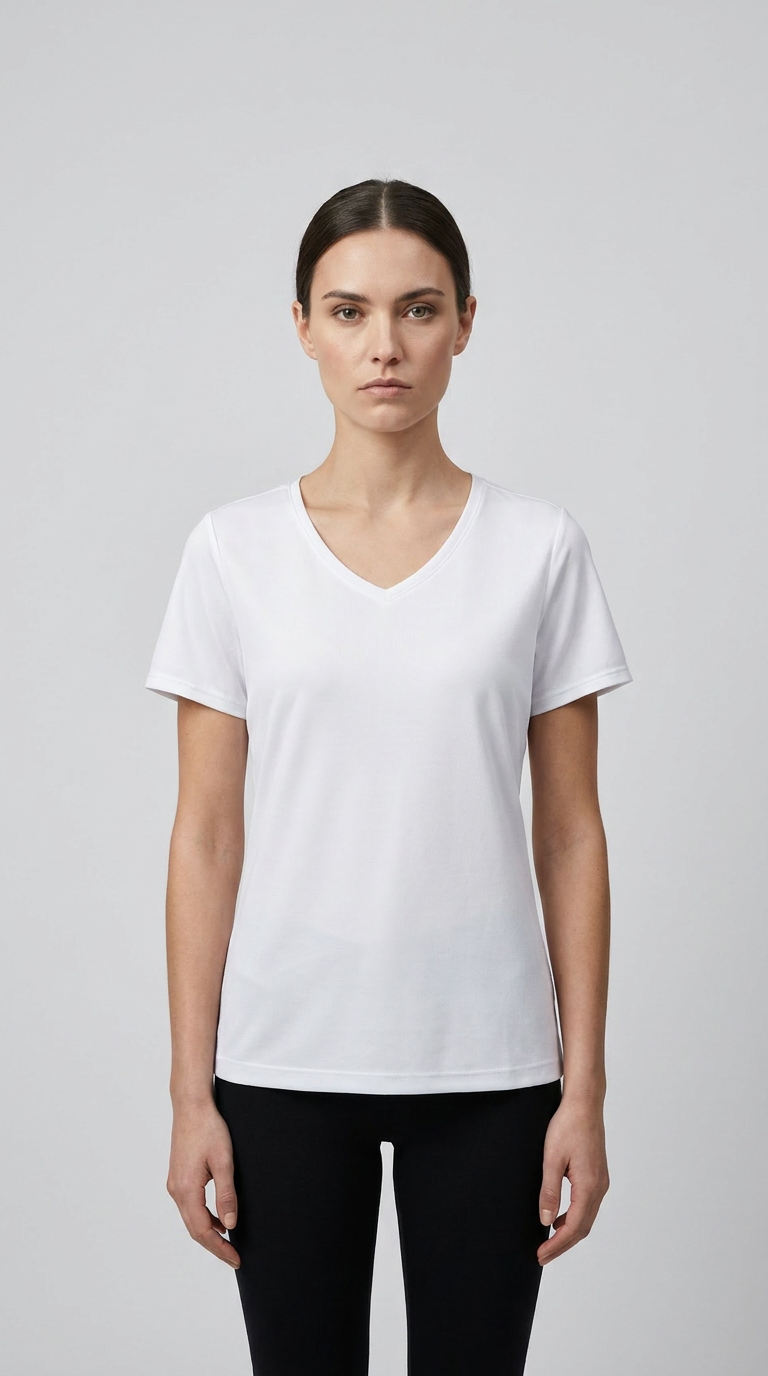 Kvinde iført en hvid t-shirt med v-udskæring og sorte bukser mod en grå baggrund.