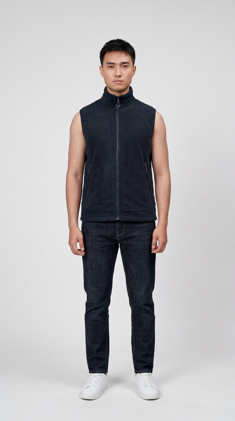 Mand i mørkeblå fleecevest, mørke jeans og hvide sneakers mod en lys baggrund.