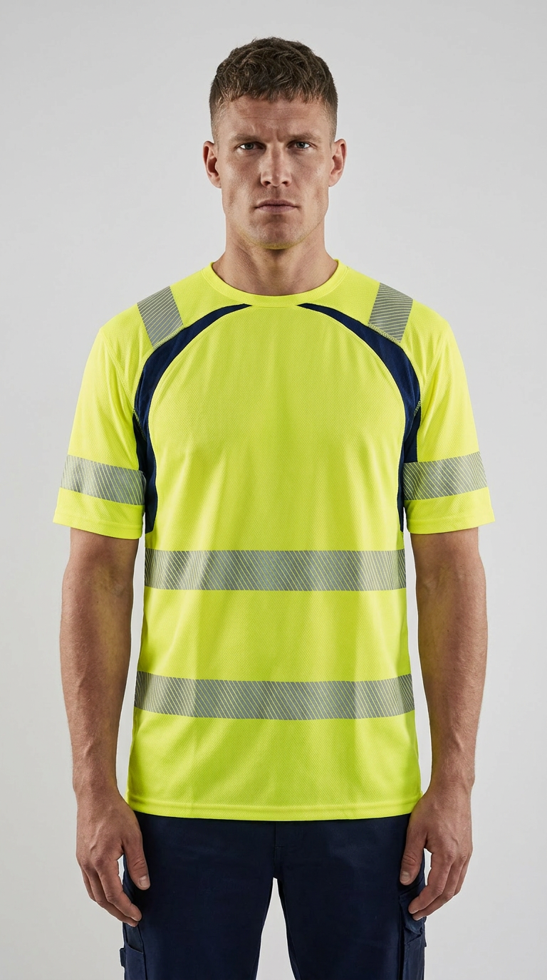 Mand i neongul high-visibility t-shirt med refleksstriber og mørkeblå detaljer.