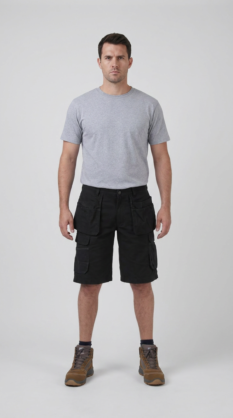 Mand i grå t-shirt, sorte cargo-arbejdsshorts og brune støvler på en hvid baggrund.