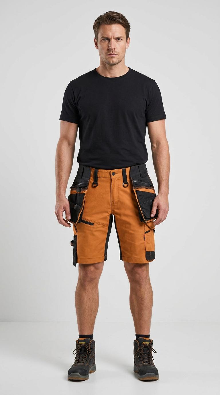 Mand i sort t-shirt og orange arbejdsshorts med værktøjslommer og sorte støvler på grå baggrund.