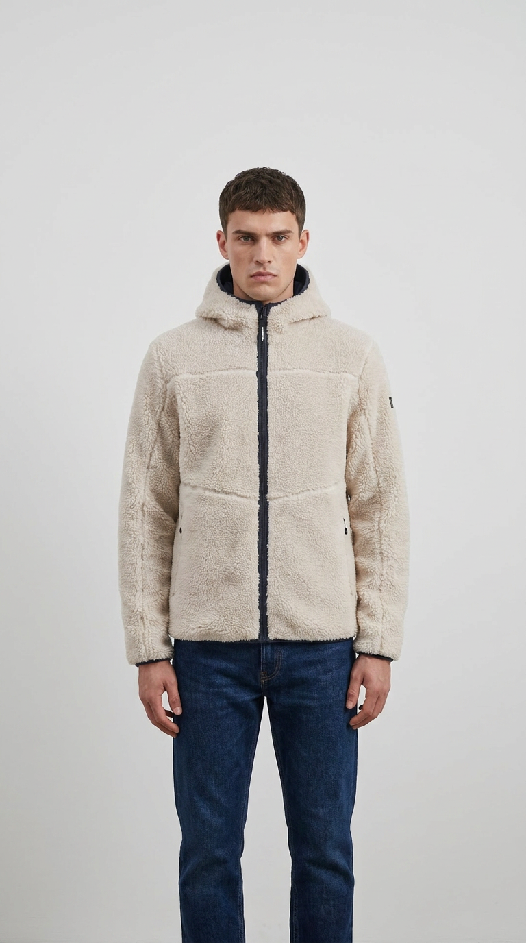Mand i beige teddy-fleecejakke med hætte og blå jeans mod en hvid baggrund.