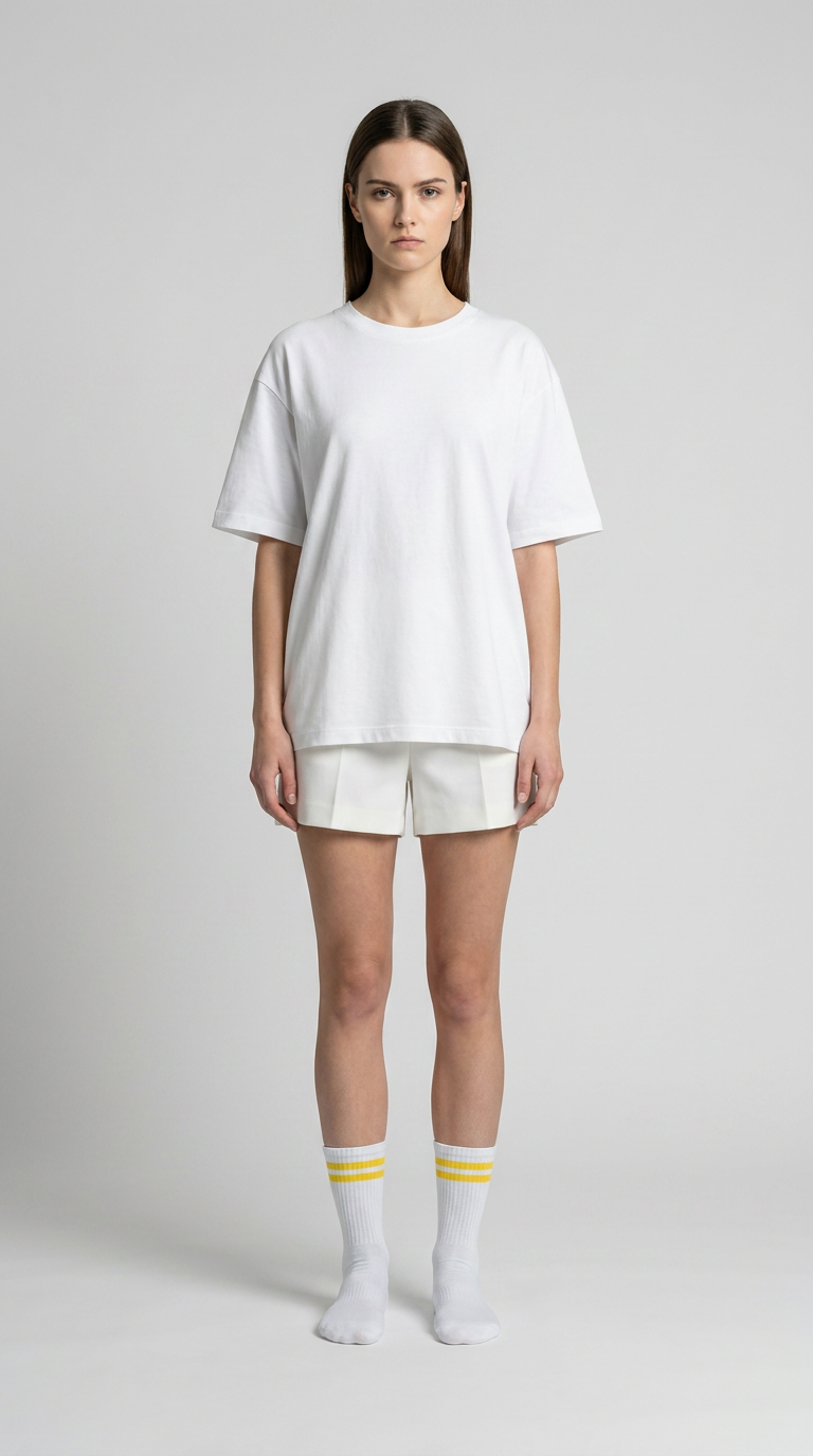 Kvinde iført oversized hvid t-shirt, hvide shorts og hvide sokker med gule striber på grå baggrund.