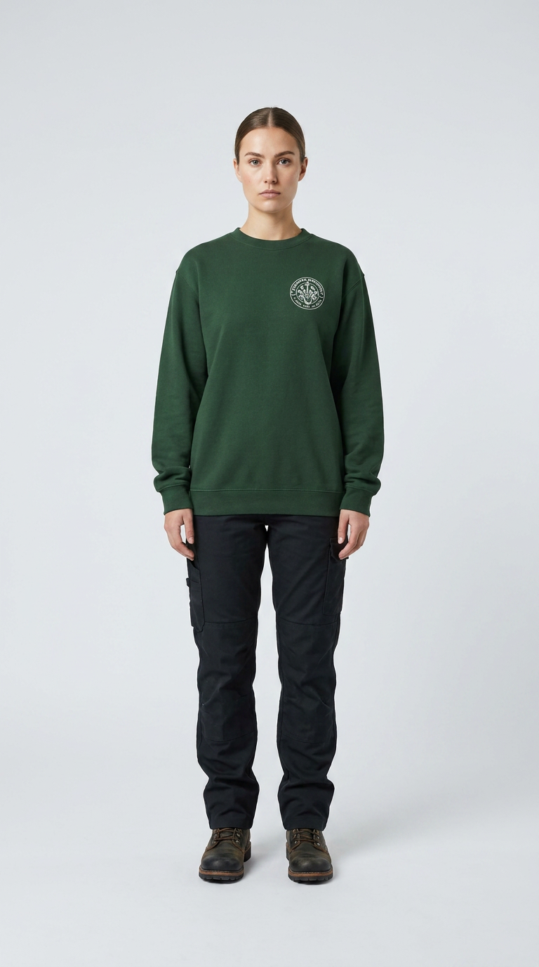 Kvinde i grøn sweatshirt med logo, sorte cargobukser og brune støvler mod en hvid baggrund.