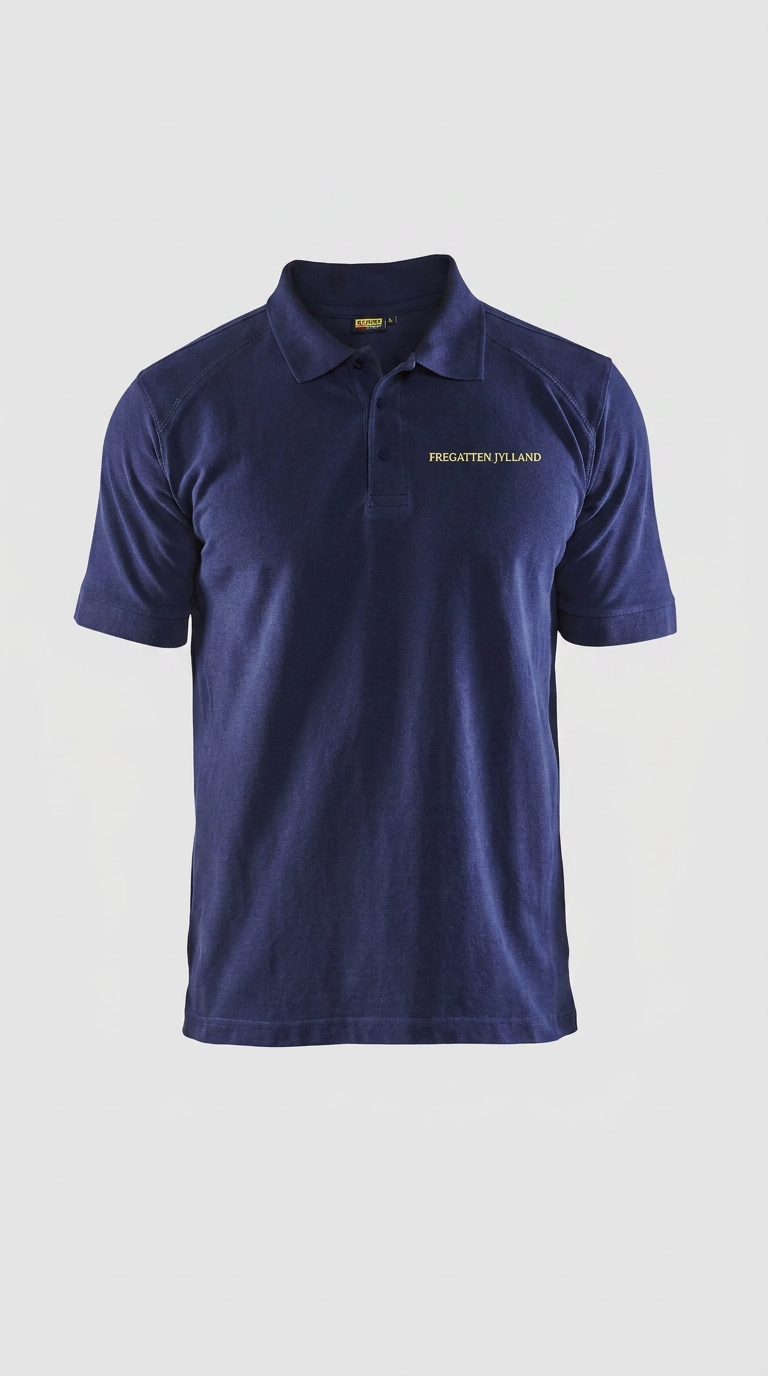 Mørkeblå poloshirt med gul "FREGATTEN JYLLAND" tekst på brystet mod en lys grå baggrund.